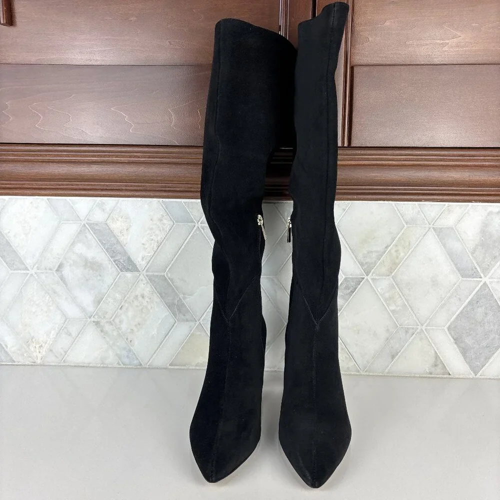 7.5 Tall Knee High Boot Black Leather Suede Cone Heel Pointed Toe Zip Bryle